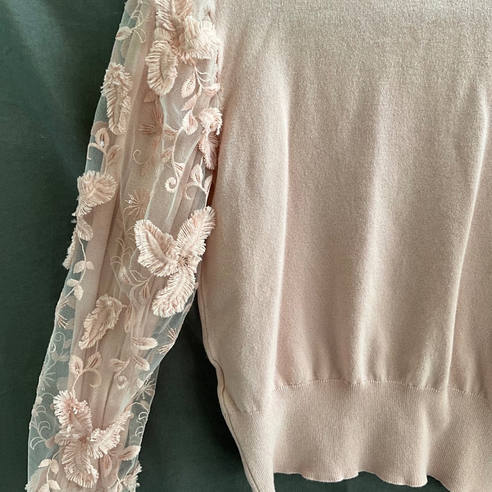 Joseph A. Blush Pink Mock Neck Sweater 3D Floral Sheer Mesh Sleeves M Fairycore - Picture 5 of 10